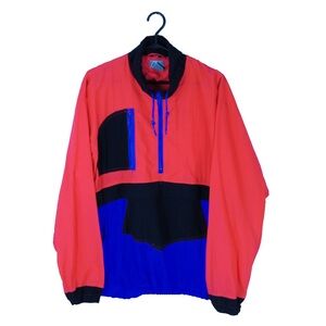 Vintage 80s Anorak Bright Neon Pink Black Blue Colorblock Windbreaker Jacket